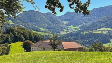 Ländliches Anwesen eingebettet in eine grüne Hügellandschaft mit weitem Bergblick unter blauem Himmel.
