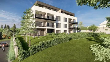 Moderne Wohnanlage mit weißer Fassade, Balkonen und grüner Umgebung, eingebettet in eine Hanglage.