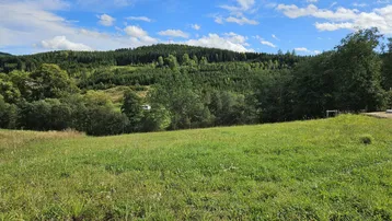 Weite grüne Landschaft mit sanften Hügeln, dichtem Wald und blauem Himmel.