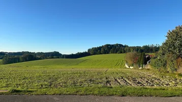 Weite Landschaft mit grünen Feldern und bewaldeten Hügeln unter klarem blauem Himmel.