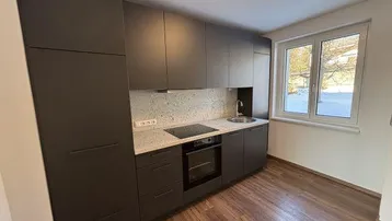 Moderne Küche mit grauen Schränken, integrierten Geräten und Fenster mit Tageslicht.