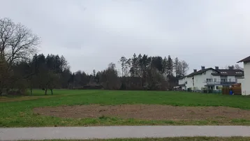 Großes grünes Feld mit angrenzendem Wald und Wohnhäusern unter bewölktem Himmel, ideal für Neubau.