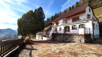 Großzügiger Vorplatz mit Natursteinpflaster vor einem traditionellen Haus mit Bergblick.
