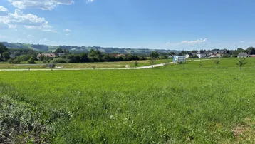 Weitläufige grüne Wiesenfläche unter blauem Himmel mit Häusern in der Ferne und hügeliger Landschaft.