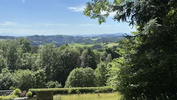 Weitläufiger Blick über grüne Hügel und Wälder unter einem strahlend blauen Himmel.