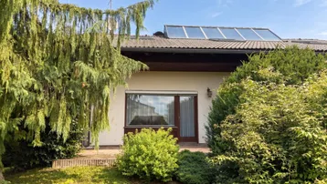 Rückseite des Hauses mit kleiner Terrasse, Gartenbereich und Dachfenstern, umgeben von üppigem Grün.
