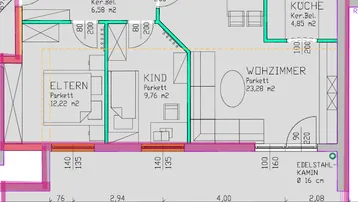 Detaillierter Grundriss mit Aufteilung in Wohnzimmer, Küche, Schlafzimmer, Bad und Balkon.
