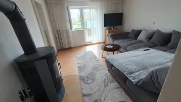 Gemütliches Wohnzimmer mit Holzofen, hellem Laminatboden und Zugang zum Außenbereich.