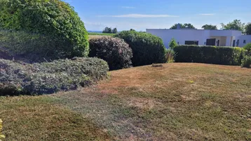Weitläufiger Garten mit üppigen Büschen und freiem Blick auf die umliegende Landschaft.