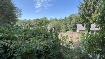 Weitläufiger Blick auf die grüne Umgebung mit Bäumen und einigen Häusern in der Ferne.