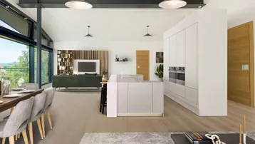 Modernes, offenes Wohnkonzept mit integrierter Küche, Essbereich und großen Fenstern mit Weitblick.