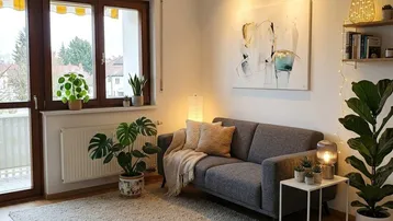 Gemütliches Wohnzimmer mit Sofa, Holzboden und Zugang zum Balkon, hell und modern eingerichtet.