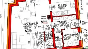 Grundriss des Erdgeschosses mit Wohnraum, Küche, WC und Zugang zur Terrasse.