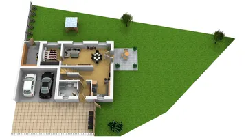 3D-Grundriss des Erdgeschosses mit offenem Wohnbereich, Garage und Garten.