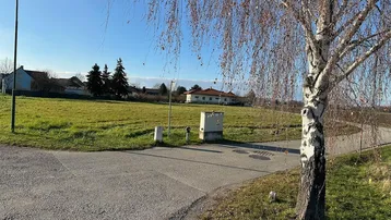 Weitläufiges Grundstück mit grüner Wiese, umgeben von ländlicher Bebauung unter blauem Himmel.