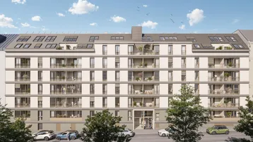 Moderne Wohnanlage mit mehreren Balkonen und Dachterrassen, umgeben von Bäumen und Parkplätzen.