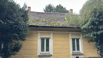 Fassade eines älteren Hauses mit gelbem Putz und moosbewachsenem Dach unter bewölktem Himmel.