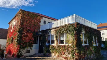 Historisches Gebäude mit üppigem, herbstlich gefärbtem Efeubewuchs und einer Dachterrasse.