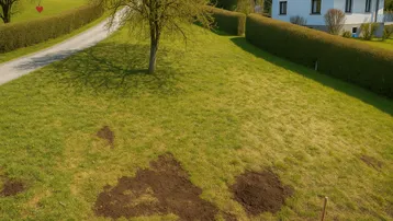 Großes Grundstück mit Rasenfläche, Hecken und einem Baum, umgeben von ländlicher Umgebung.