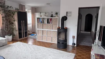 Geräumiges Wohnzimmer mit Parkettboden, Kaminofen und integrierter Sauna für Entspannung.