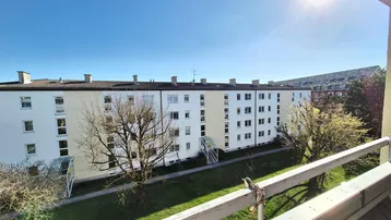 Sonniger Balkon mit Blick auf den grünen Innenhof und die umliegenden Wohngebäude.