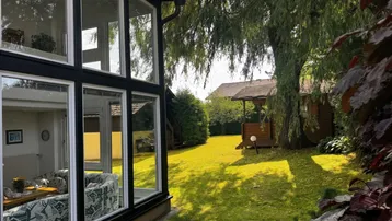 Gepflegter Garten mit Rasenfläche, großem Baum und einem Holzhaus, neben einem Gebäude mit großen Fenstern.