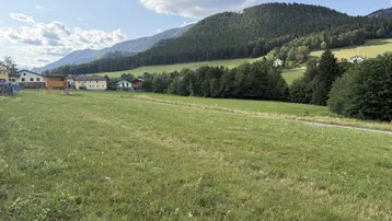 Weitläufige grüne Wiesen mit Bergen und vereinzelten Häusern im Hintergrund unter blauem Himmel.