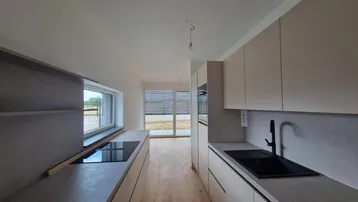 Moderne Einbauküche mit Induktionskochfeld, Spüle und Blick ins Grüne durch das Fenster.
