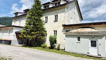 Fassade eines Mehrfamilienhauses mit einem großen Nadelbaum und einem Anbau unter bewölktem Himmel.