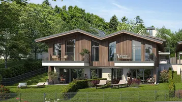 Moderne Doppelhaushälfte mit Holzfassade, großen Fenstern und Zugang zu Balkon und Garten.