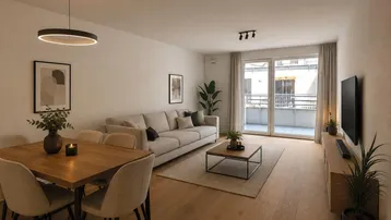 Heller Wohn- und Essbereich mit Holzboden, modernem Mobiliar und Zugang zum Balkon.