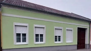 Grüne Hausfassade mit weißen Fenstern und brauner Eingangstür, Rollläden sind geschlossen.