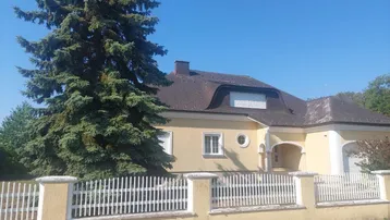 Gelbe Villa mit Mansarddach und großem Nadelbaum im Vorgarten unter blauem Himmel.