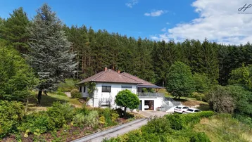 Freistehendes Haus in idyllischer Waldrandlage mit weitläufigem Grundstück und Zufahrt.