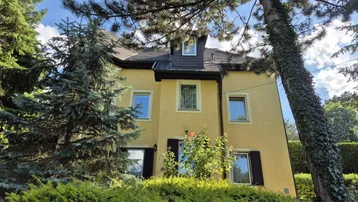Gelbe Fassade eines charmanten Hauses, umgeben von üppigem Grün und hohen Bäumen.