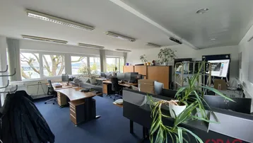 Geräumiges Großraumbüro mit mehreren Arbeitsplätzen, blauer Teppichboden und großen Fenstern für viel Tageslicht.