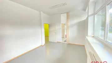 Heller Büroraum mit großen Fenstern, grauem Boden und weiß gestrichenen Wänden, bereit zur Einrichtung.