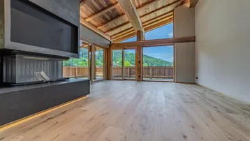 Heller Wohnbereich mit modernem Kamin, Holzbalkendecke und großen Glasfronten mit Bergblick.