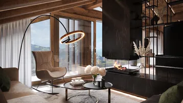 Gemütliches Wohnzimmer mit modernem Kamin, Holzbalkendecke und Panoramafenstern mit Bergblick.