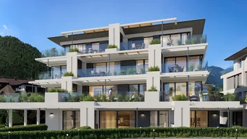 Moderne Architektur mit gestuften Terrassen, Glasbrüstungen und grünen Bepflanzungen.