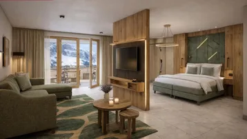 Modernes Studio-Apartment mit kombiniertem Wohn- und Schlafbereich, Holzelementen und Bergblick vom Balkon.