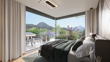 Modernes Schlafzimmer mit großen Fenstern, Holzboden und Zugang zu einer Terrasse mit Bergblick.