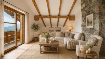 Gemütliches Wohnzimmer im alpinen Stil mit Holzbalken, Steinwand und Zugang zum Balkon mit Bergblick.