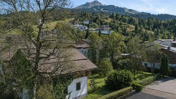 Blick auf Wohnhäuser am Hang mit üppiger Vegetation und einem Berg im Hintergrund unter blauem Himmel.
