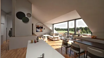 Helles, offenes Wohnzimmer mit Dachschräge, großen Fenstern und Blick ins Grüne.