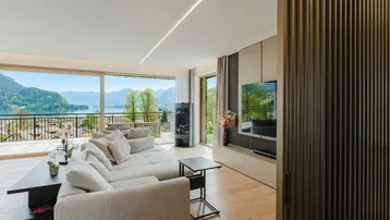 Modernes Wohnzimmer mit Seeblick, Kamin, großen Fenstern und Zugang zu einer weitläufigen Terrasse.