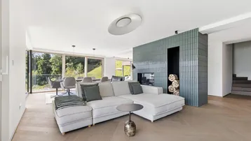 Helles Wohnzimmer mit modernem Kamin, bequemer Couch und Fischgrätparkettboden.