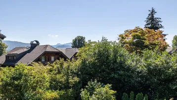Weitläufiger Blick über grüne Bäume auf Dächer und entfernte Berge.