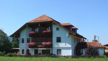 Traditionelles Haus mit blühenden Balkonen und rotem Ziegeldach, umgeben von grünen Wiesen.