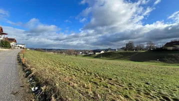 Weite grüne Landschaft mit leicht bewölktem Himmel und Blick auf entfernte Häuser.